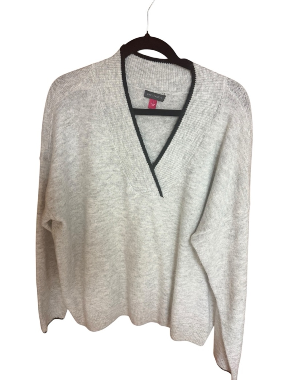 Vince Camuto Light Gray V-Neck Sweater with Black Trim